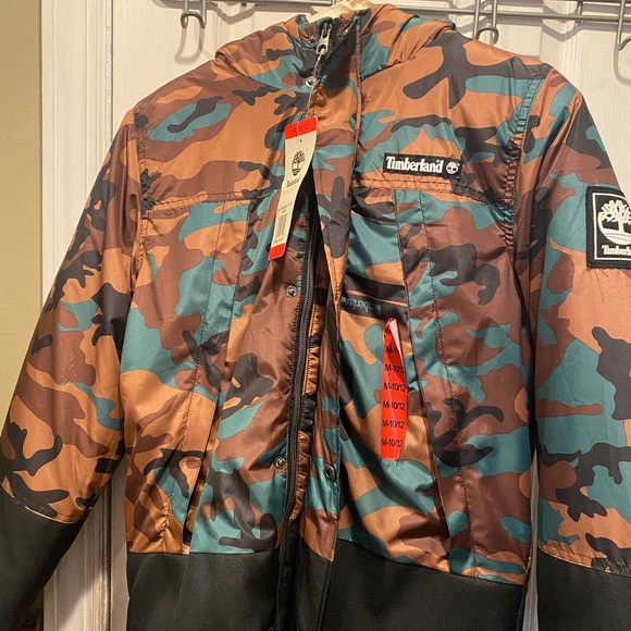 Timberland Boys Kids Puffer Coat Full Zip Hooded Jacket Sz M (10/12) Camouflage